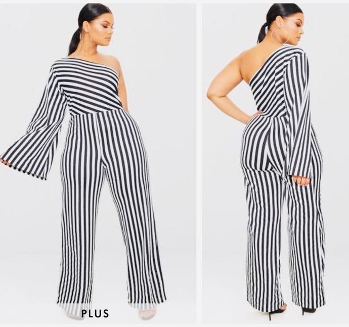 Black Stripe Me Down One Shoulder Jumpsuit